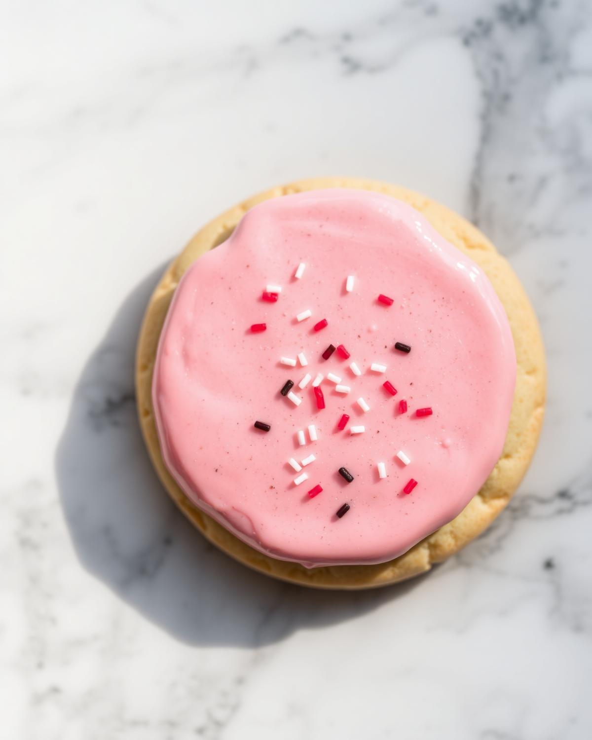 Pink frosted cookie on marble