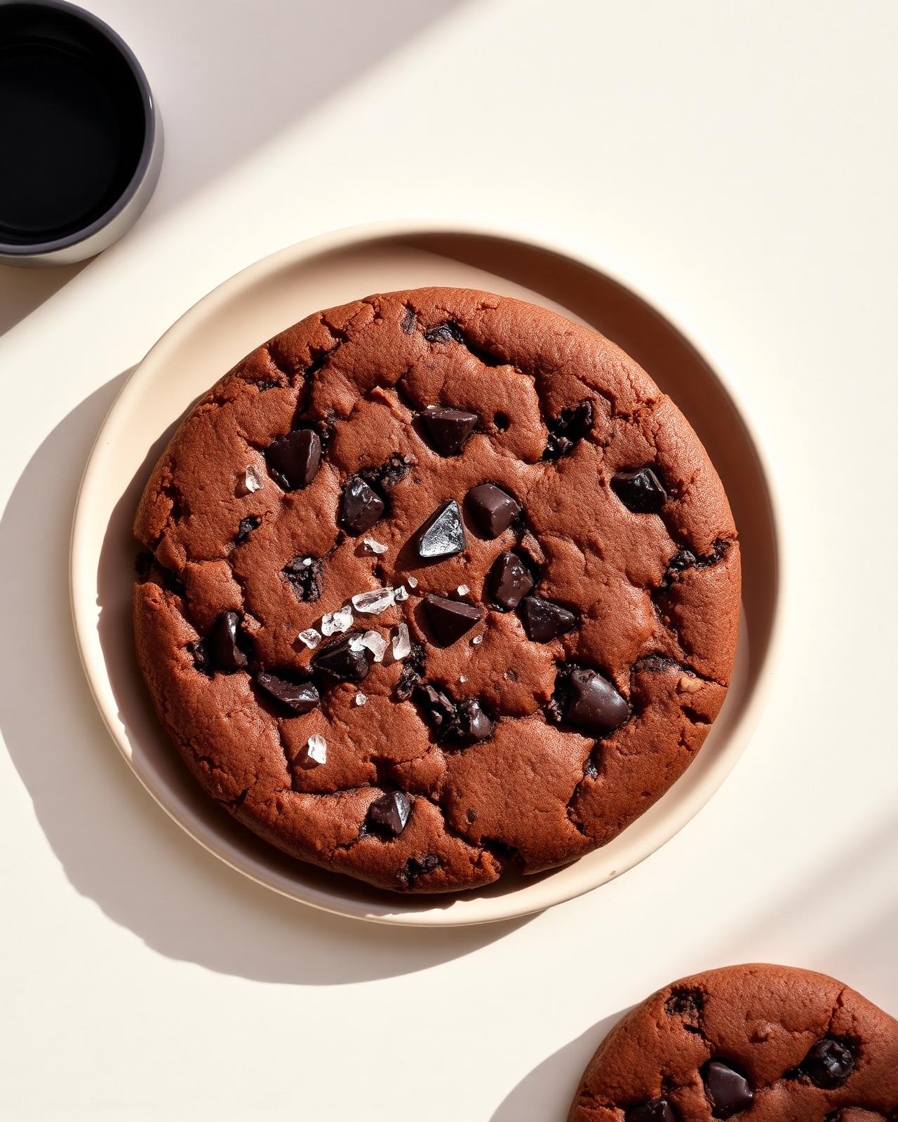Signature chocolate cookie on cream ceramic plate